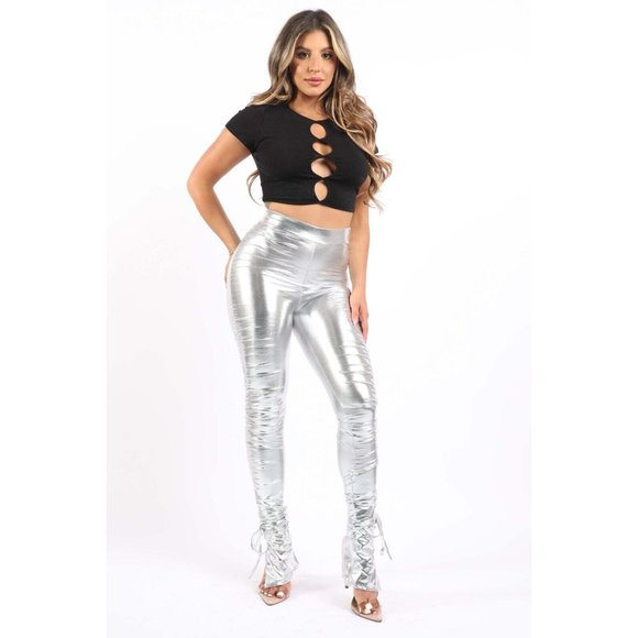 Womens PU Ruched Leggings With Strappy Slit Hem Faux Leather Stacked Pants XS-3X - Picture 10 of 10